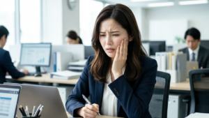 デスクワーク中に歯の痛みを感じ頬に手を当て辛そうな表情を浮かべる女性