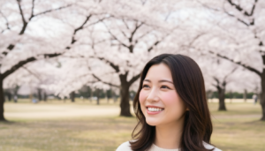春の挨拶をテーマにした、満開の桜を背景にした笑顔の女性